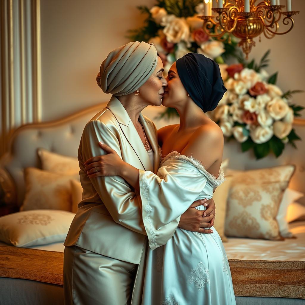 A beautiful scene featuring a turbaned lesbian mother and her daughter in a luxurious bedroom setting