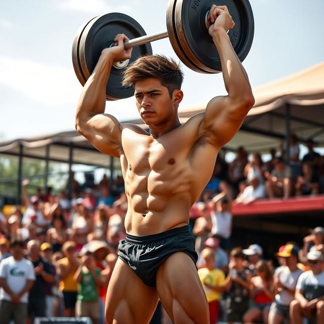 A naturally extremely muscular and strong teenage boy, showcasing his impressive physique