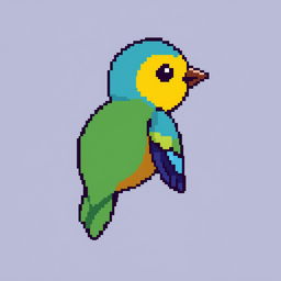 A colorful 2D pixel art bird facing to the right, designed in a size of 18 pixels