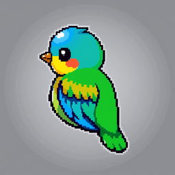 A colorful 2D pixel art bird facing to the right, designed in a size of 18 pixels