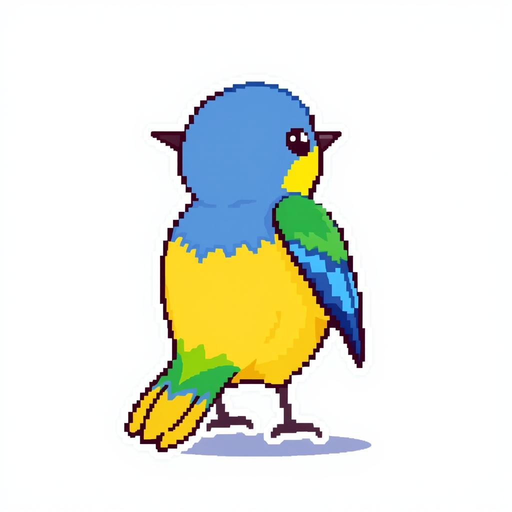 A colorful 2D pixel art bird facing to the right, designed in a size of 18 pixels