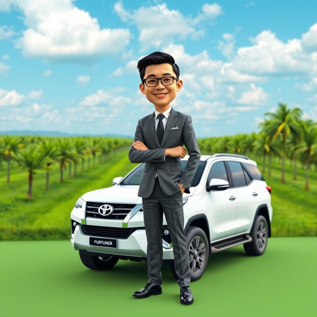 A realistic 3D caricature of an Indonesian man standing confidently in a well-fitted gray suit, next to a luxurious white Fortuner car