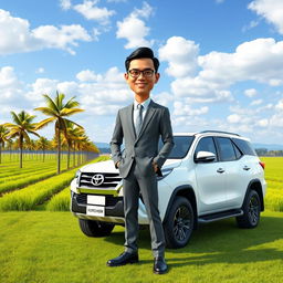A realistic 3D caricature of an Indonesian man standing confidently in a well-fitted gray suit, next to a luxurious white Fortuner car