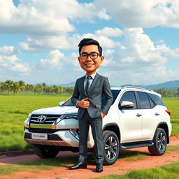 A realistic 3D caricature of an Indonesian man standing confidently in a well-fitted gray suit, next to a luxurious white Fortuner car