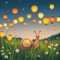 I am a little snail celebrating the Lantern Festival on a grassy meadow, admiring the colorful lanterns hanging above