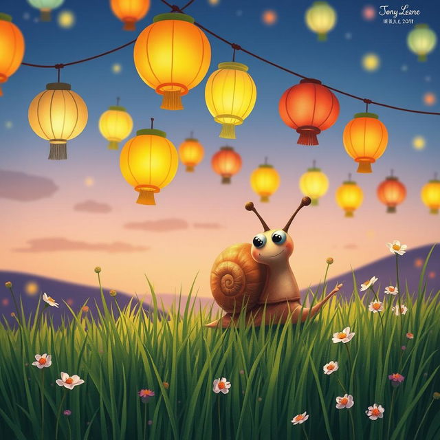 I am a little snail celebrating the Lantern Festival on a grassy meadow, admiring the colorful lanterns hanging above