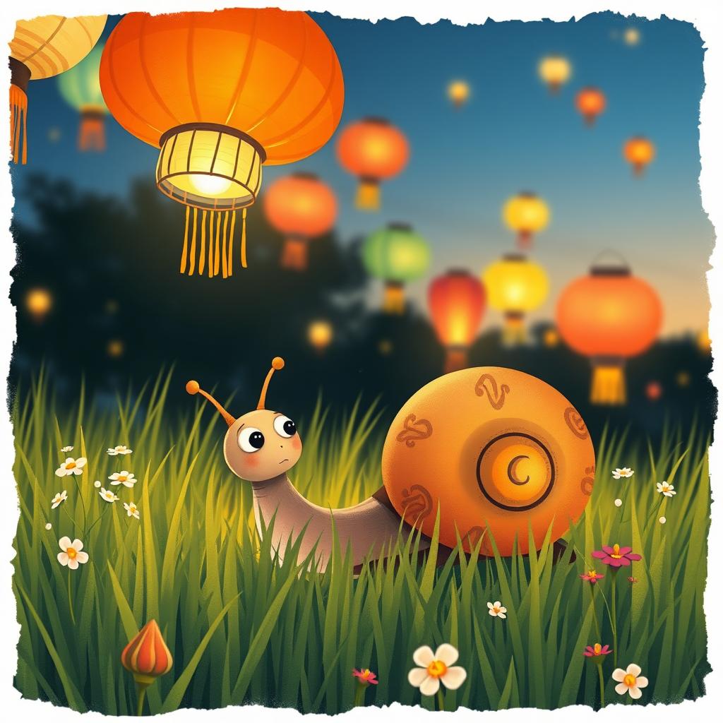 I am a little snail celebrating the Lantern Festival on a grassy meadow, admiring the colorful lanterns hanging above