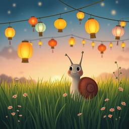 I am a little snail celebrating the Lantern Festival on a grassy meadow, admiring the colorful lanterns hanging above