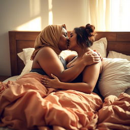 A sensual scene depicting two women in an intimate embrace on a bed, showcasing a powerful connection