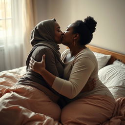 A sensual scene depicting two women in an intimate embrace on a bed, showcasing a powerful connection