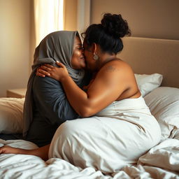 A sensual scene depicting two women in an intimate embrace on a bed, showcasing a powerful connection