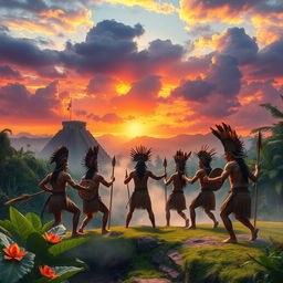 A breathtaking landscape inspired by ancient Mesoamerican civilizations, featuring lush jungles, towering pyramids, and vibrant flora