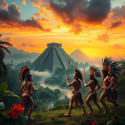 A breathtaking landscape inspired by ancient Mesoamerican civilizations, featuring lush jungles, towering pyramids, and vibrant flora