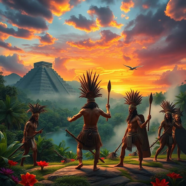 A breathtaking landscape inspired by ancient Mesoamerican civilizations, featuring lush jungles, towering pyramids, and vibrant flora