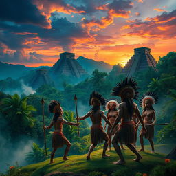 A breathtaking landscape inspired by ancient Mesoamerican civilizations, featuring lush jungles, towering pyramids, and vibrant flora