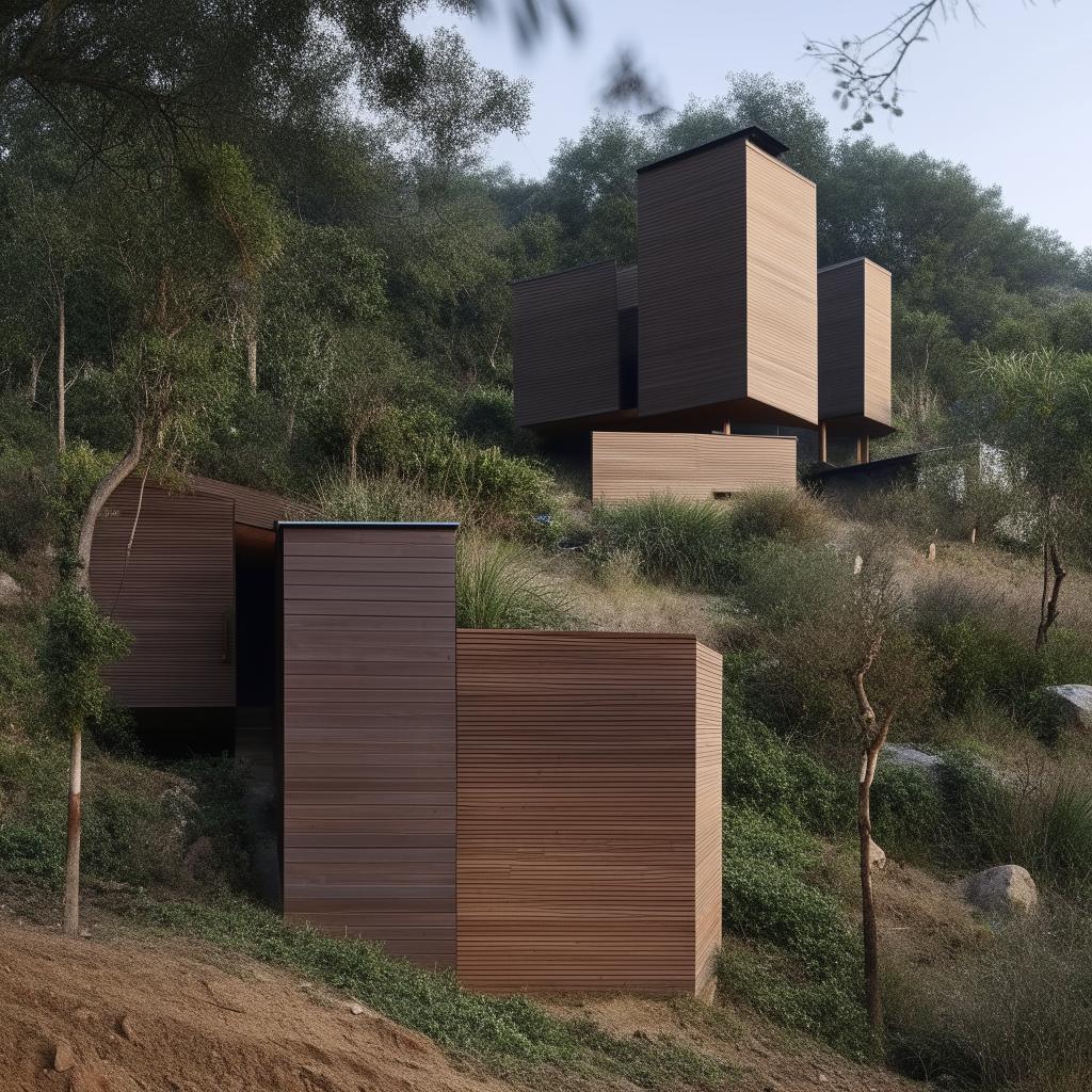 A two-block house design with stairs connecting from ground floor to the attic, nestled in hilly terrain