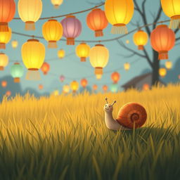 A cute little snail on a grassy field during the Lantern Festival, gazing at colorful lanterns hanging in the air