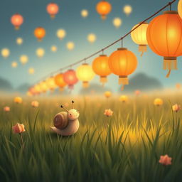 A cute little snail on a grassy field during the Lantern Festival, gazing at colorful lanterns hanging in the air