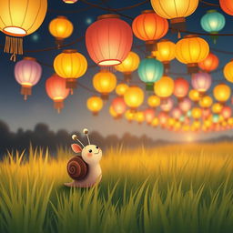A cute little snail on a grassy field during the Lantern Festival, gazing at colorful lanterns hanging in the air
