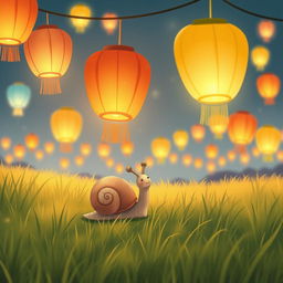 A cute little snail on a grassy field during the Lantern Festival, gazing at colorful lanterns hanging in the air