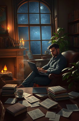 A serene scene of an author, Sarthak Patil, sitting in a cozy, dimly lit study filled with books, writing his romantic novel 'Midnight Whisper'