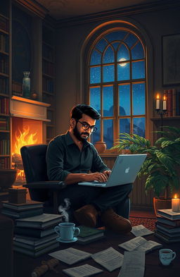 A serene scene of an author, Sarthak Patil, sitting in a cozy, dimly lit study filled with books, writing his romantic novel 'Midnight Whisper'