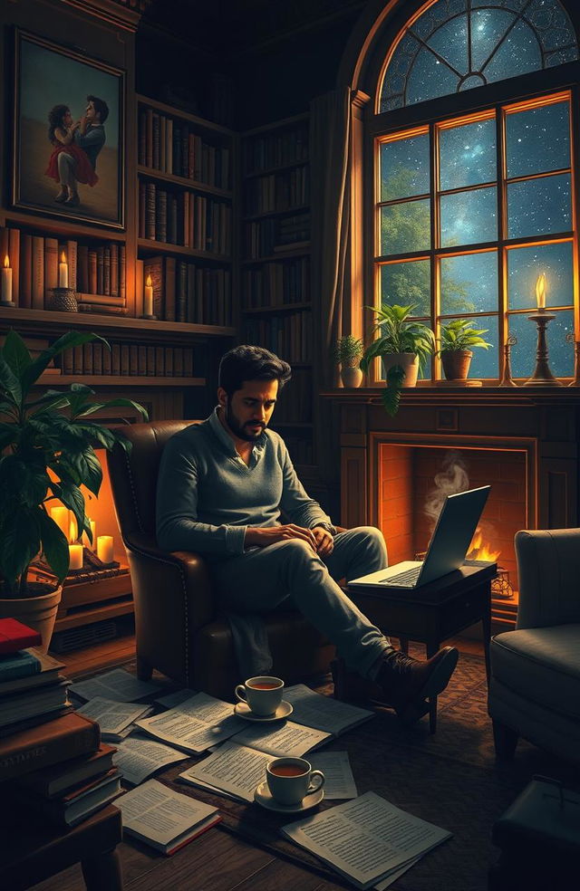 A serene scene of an author, Sarthak Patil, sitting in a cozy, dimly lit study filled with books, writing his romantic novel 'Midnight Whisper'