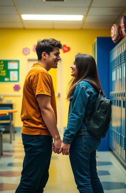 A romantic scene of a couple holding hands in a school setting, symbolizing a journey from hate to love