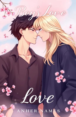 A captivating book cover design for a BL (Boys' Love) novel, set against a dreamy pastel background of soft pinks and blues