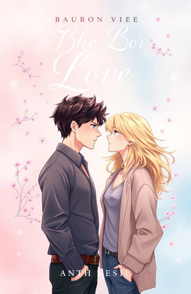 A captivating book cover design for a BL (Boys' Love) novel, set against a dreamy pastel background of soft pinks and blues
