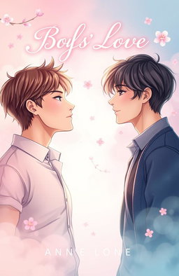 A captivating book cover design for a BL (Boys' Love) novel, set against a dreamy pastel background of soft pinks and blues