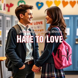 A romantic scene of a couple holding hands in a school setting, symbolizing a journey from hate to love