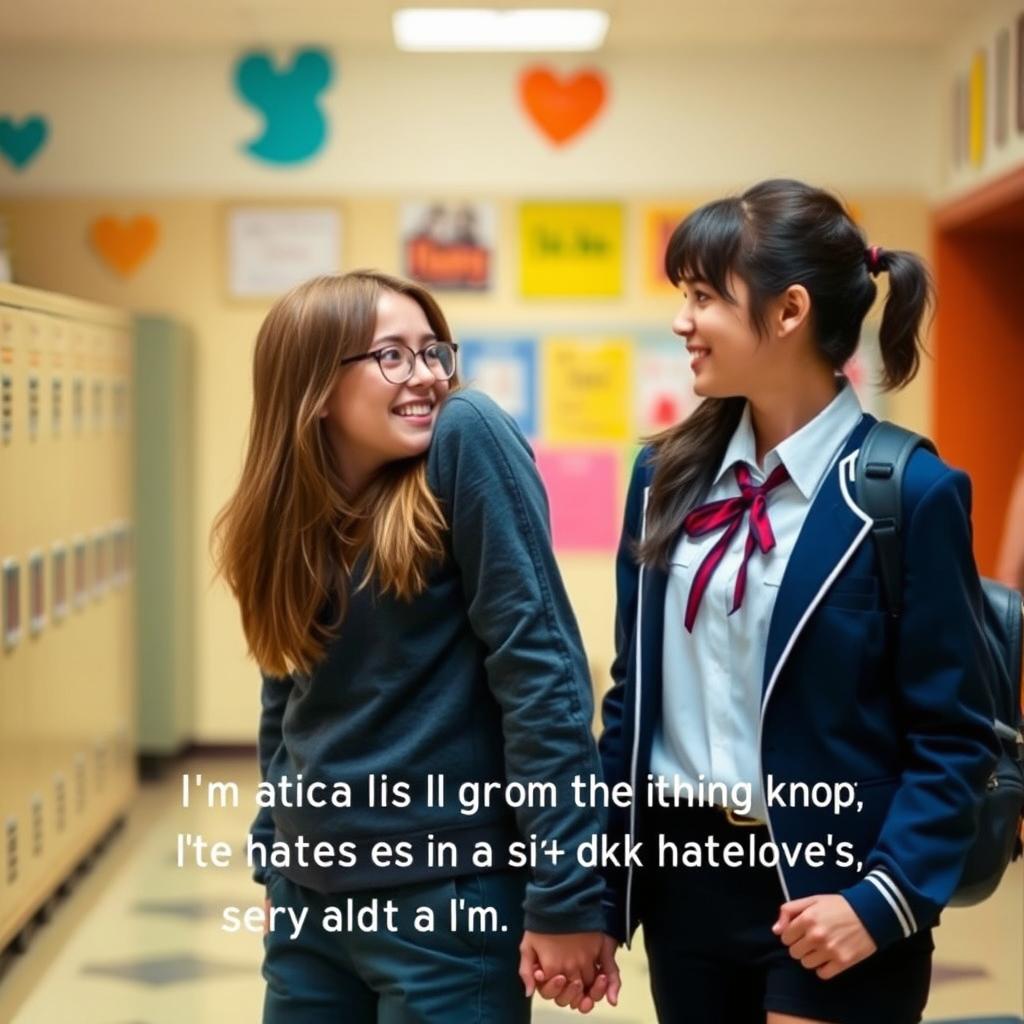 A romantic scene of a couple holding hands in a school setting, symbolizing a journey from hate to love