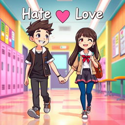 An animated scene of a couple holding hands in a vibrant school setting, depicting their journey from hate to love
