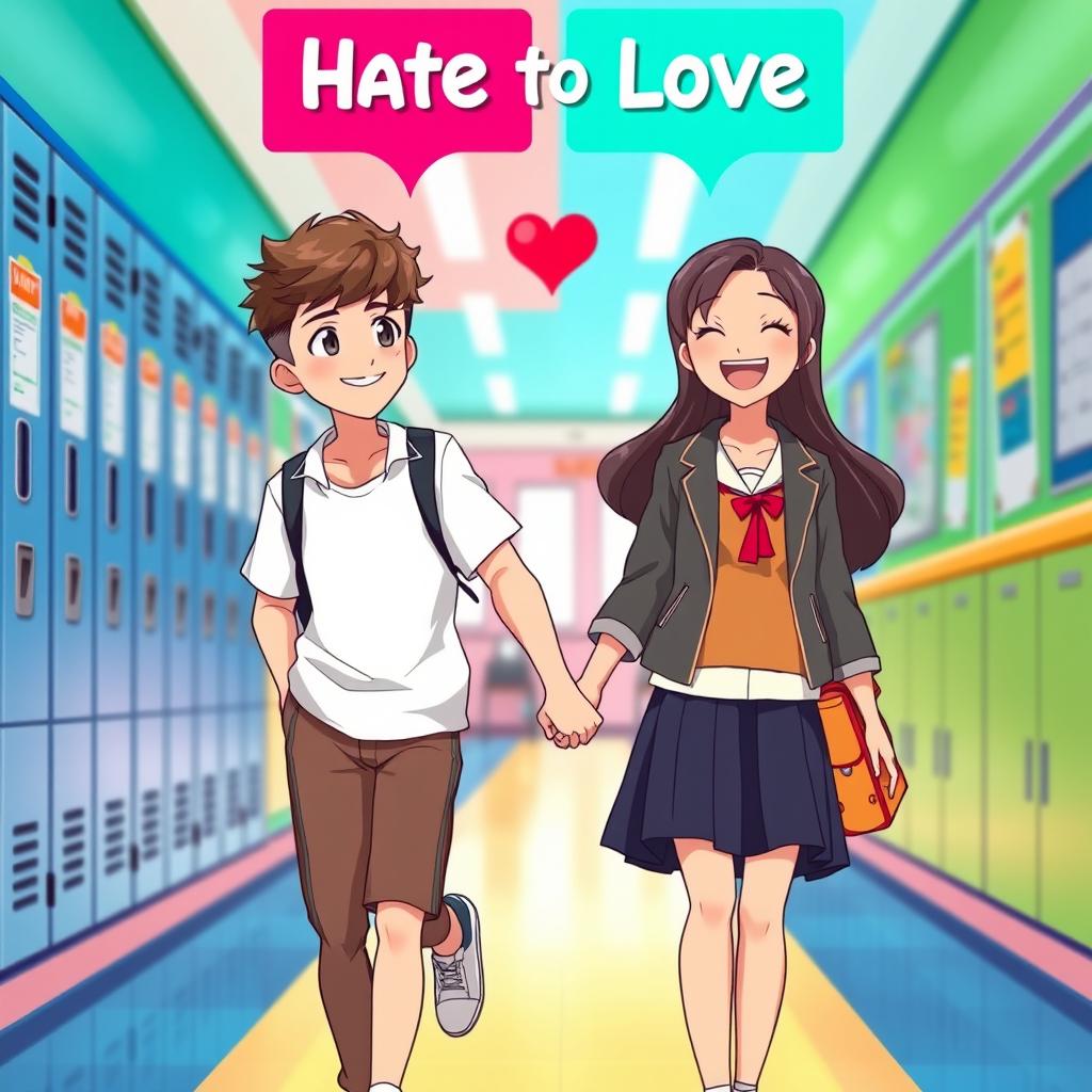An animated scene of a couple holding hands in a vibrant school setting, depicting their journey from hate to love