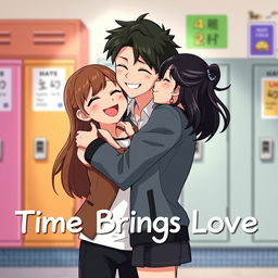 An animated scene titled 'Time Brings Love', featuring a couple in a warm embrace in a school setting, representing their journey from hate to love