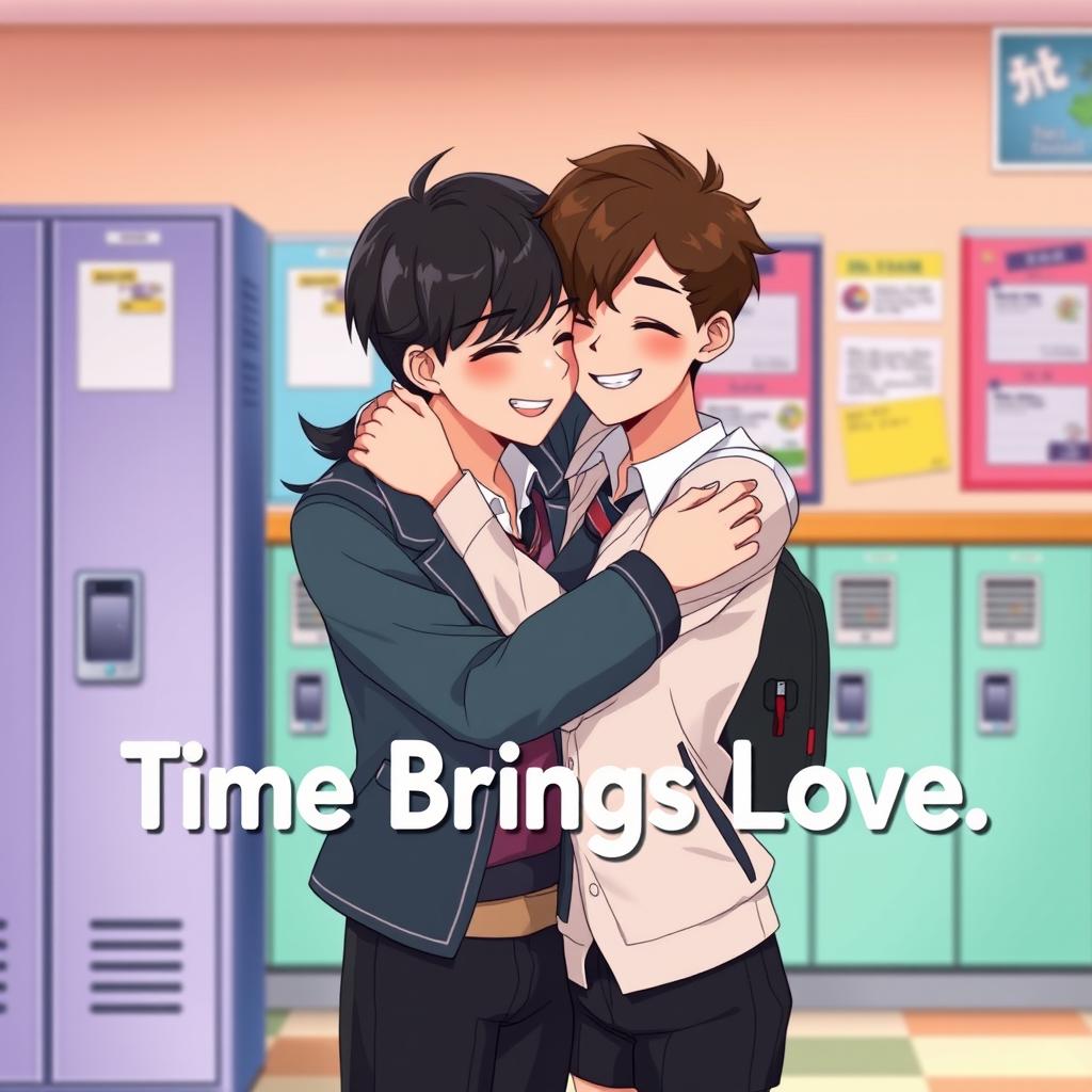 An animated scene titled 'Time Brings Love', featuring a couple in a warm embrace in a school setting, representing their journey from hate to love