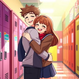 An animated scene titled 'Time Brings Love', featuring a couple in a warm embrace in a school setting, representing their journey from hate to love