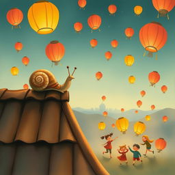A small snail sitting on a tile roof, observing colorful lanterns soaring in the sky during the Lantern Festival