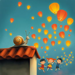 A small snail sitting on a tile roof, observing colorful lanterns soaring in the sky during the Lantern Festival