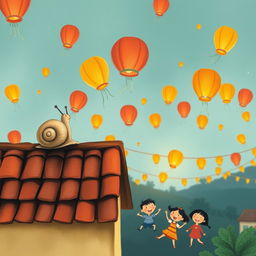 A small snail sitting on a tile roof, observing colorful lanterns soaring in the sky during the Lantern Festival