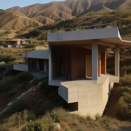 A two-block house design with stairs connecting from ground floor to the attic, nestled in hilly terrain