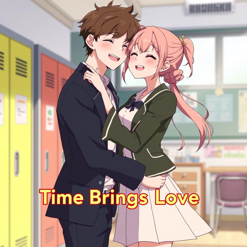 An animated scene titled 'Time Brings Love', featuring a couple in a warm embrace in a school setting, showcasing their transformation from hate to love