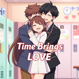An animated scene titled 'Time Brings Love', featuring a couple in a warm embrace in a school setting, showcasing their transformation from hate to love