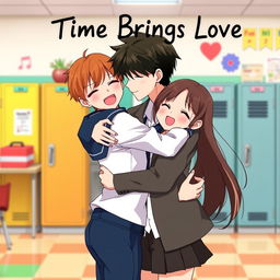 An animated scene titled 'Time Brings Love', featuring a couple in a warm embrace in a school setting, showcasing their transformation from hate to love