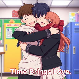 An animated scene titled 'Time Brings Love', featuring a couple in a warm embrace in a school setting, showcasing their transformation from hate to love