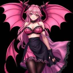 A realistic, sexy, dominant gothic anime succubus girl with dramatic wings, elegant horns, and a playful tail
