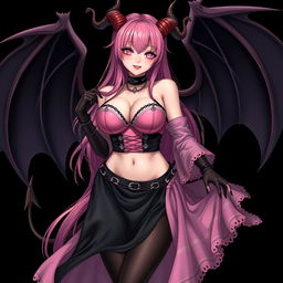 A realistic, sexy, dominant gothic anime succubus girl with dramatic wings, elegant horns, and a playful tail