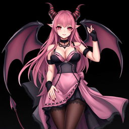 A realistic, sexy, dominant gothic anime succubus girl with dramatic wings, elegant horns, and a playful tail