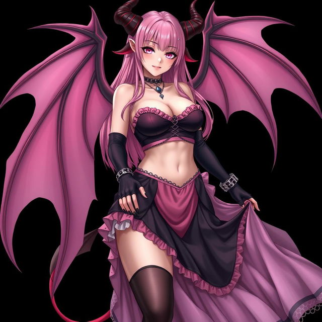 A realistic, sexy, dominant gothic anime succubus girl with dramatic wings, elegant horns, and a playful tail